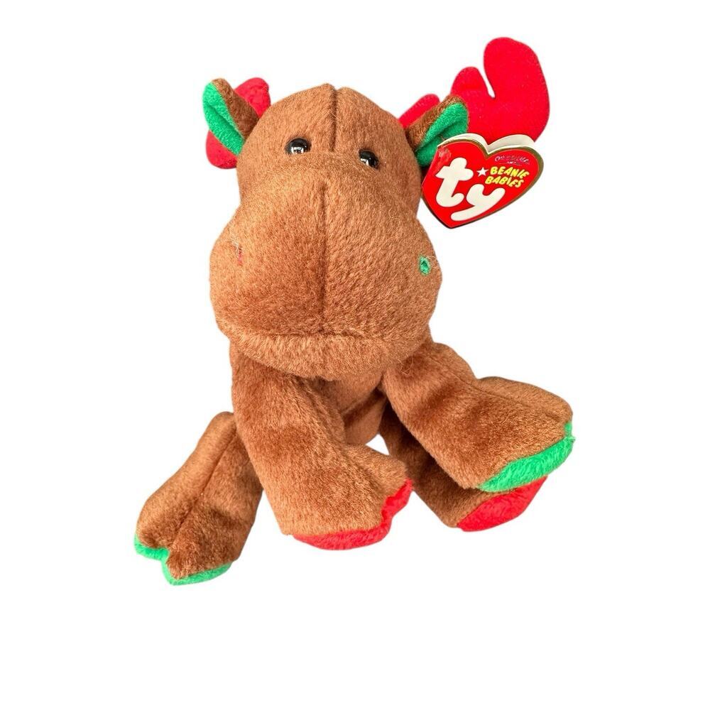 Trimmings Brown Moose TY Beanie Babies Red Antlers Red Green Feet 2007 Retired